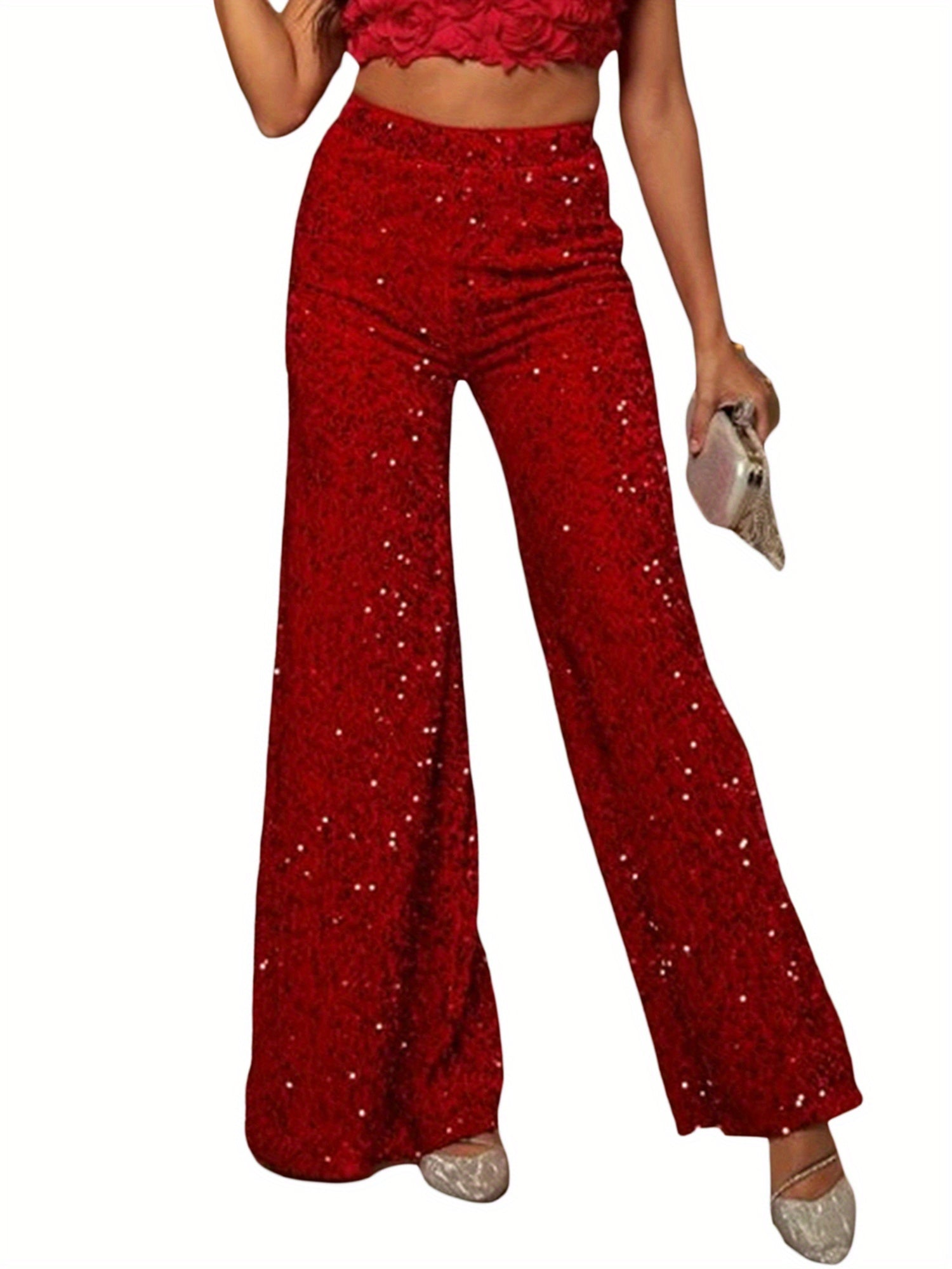 Women'S Casual Wide Leg Pants Elastic Band High Waist Sequin Trousers Fashion Streetwear