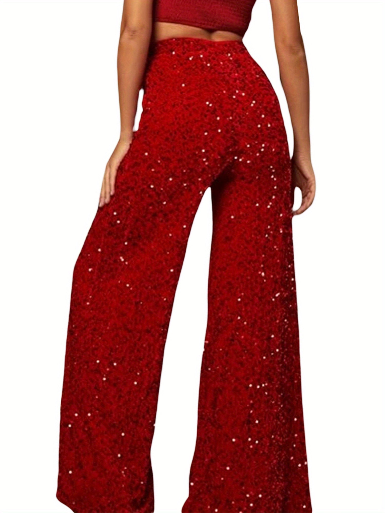 Women'S Casual Wide Leg Pants Elastic Band High Waist Sequin Trousers Fashion Streetwear