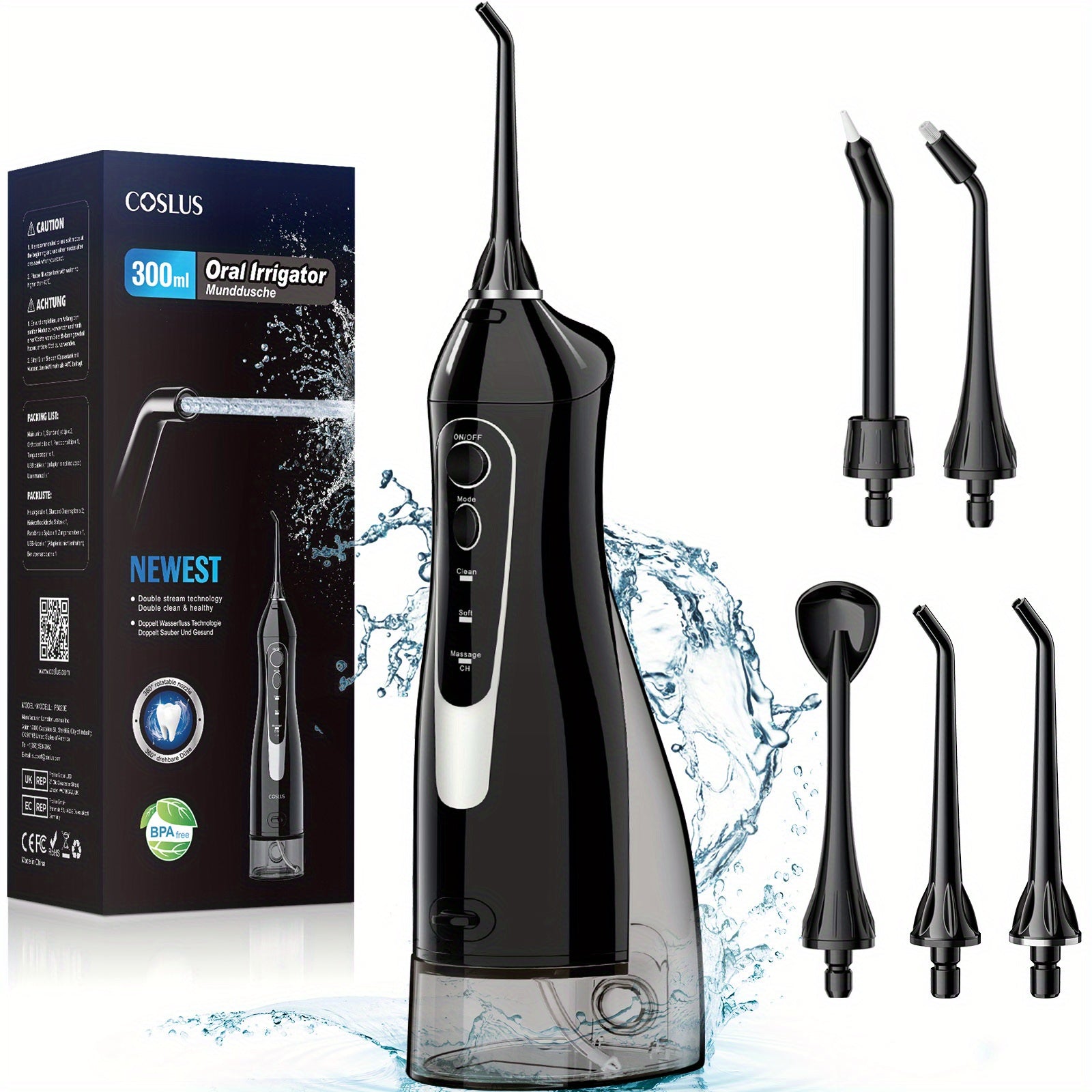 COSLUS Water Dental Flosser Teeth Pick: Portable Cordless Oral Irrigator 10.14oz Rechargeable Travel Irrigation Cleaner Electric Waterflosser Flossing Machine for Teeth Cleaning Black, Valentines Day Gifts