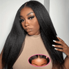 34" Kinky Straight Glueless Human Hair Wig with Pre-Plucked 4x4 HD Lace Closure, 180% Density, Natural Black - Long Yaki Texture for Women, Elegant Style, Perfect for Everyday or Special Occasions