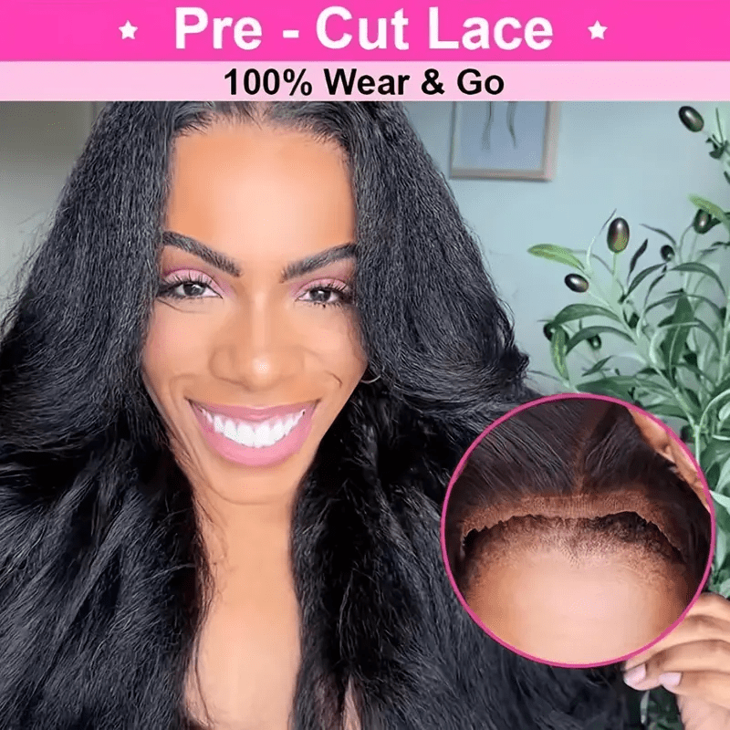 34" Kinky Straight Glueless Human Hair Wig with Pre-Plucked 4x4 HD Lace Closure, 180% Density, Natural Black - Long Yaki Texture for Women, Elegant Style, Perfect for Everyday or Special Occasions