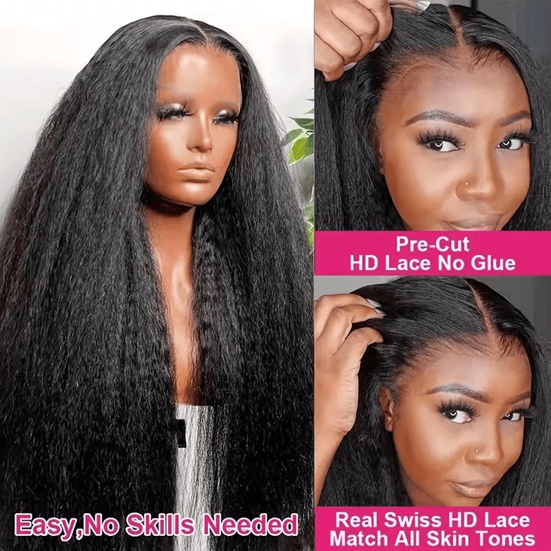 34" Kinky Straight Glueless Human Hair Wig with Pre-Plucked 4x4 HD Lace Closure, 180% Density, Natural Black - Long Yaki Texture for Women, Elegant Style, Perfect for Everyday or Special Occasions