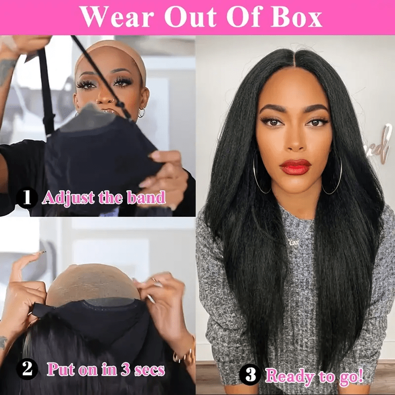 34" Kinky Straight Glueless Human Hair Wig with Pre-Plucked 4x4 HD Lace Closure, 180% Density, Natural Black - Long Yaki Texture for Women, Elegant Style, Perfect for Everyday or Special Occasions