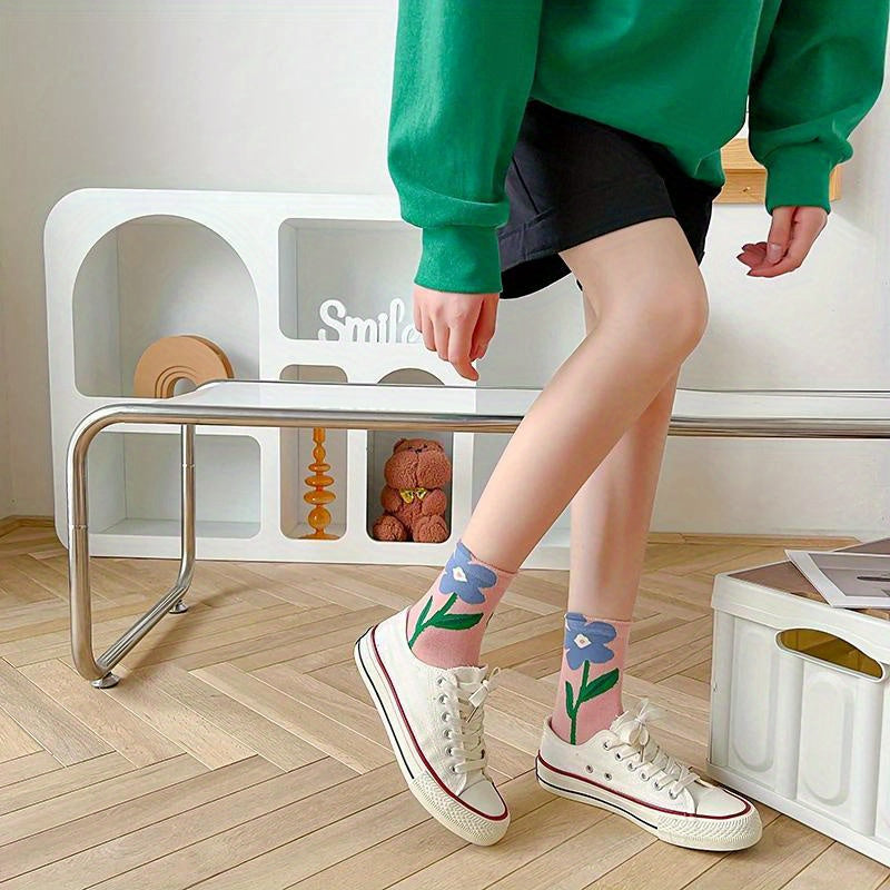 5Pairs Women's Socks Cartoon Flower Print Candy Color Harajuku Kawaii Mid length Socks Breathable Casual Short Socks
