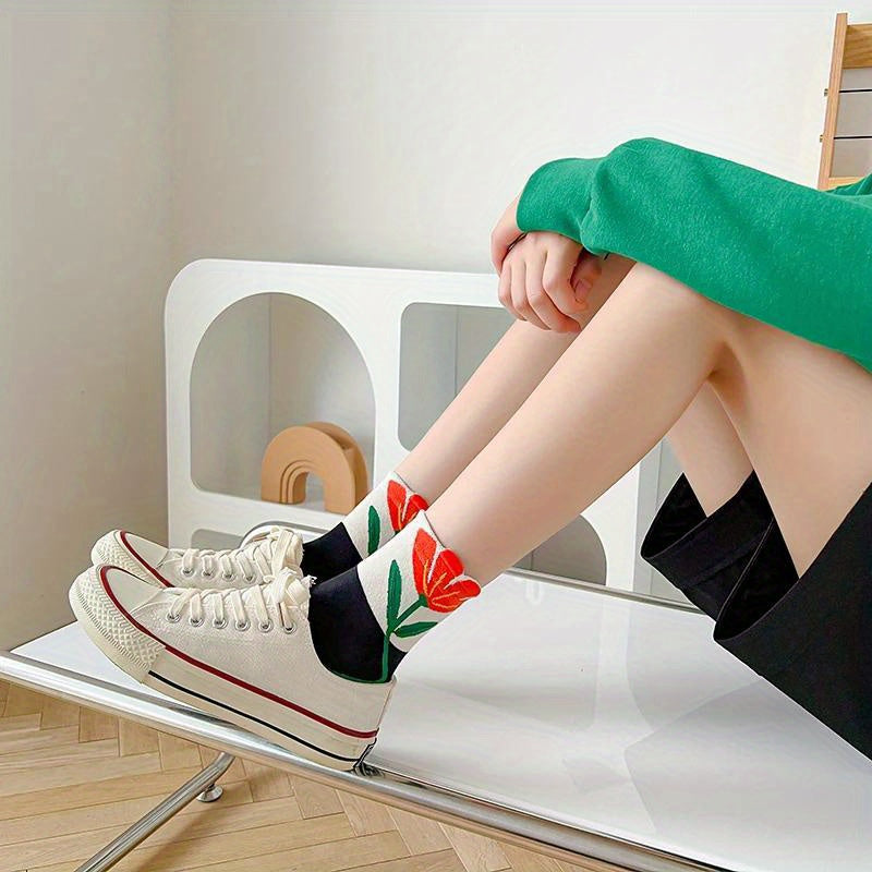 5Pairs Women's Socks Cartoon Flower Print Candy Color Harajuku Kawaii Mid length Socks Breathable Casual Short Socks