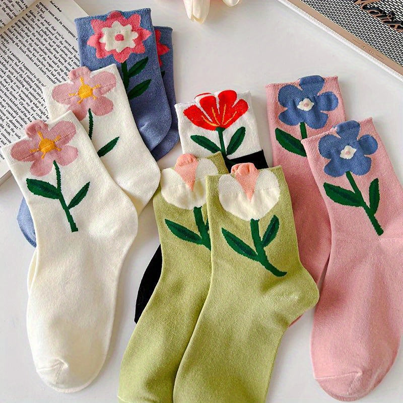 5Pairs Women's Socks Cartoon Flower Print Candy Color Harajuku Kawaii Mid length Socks Breathable Casual Short Socks