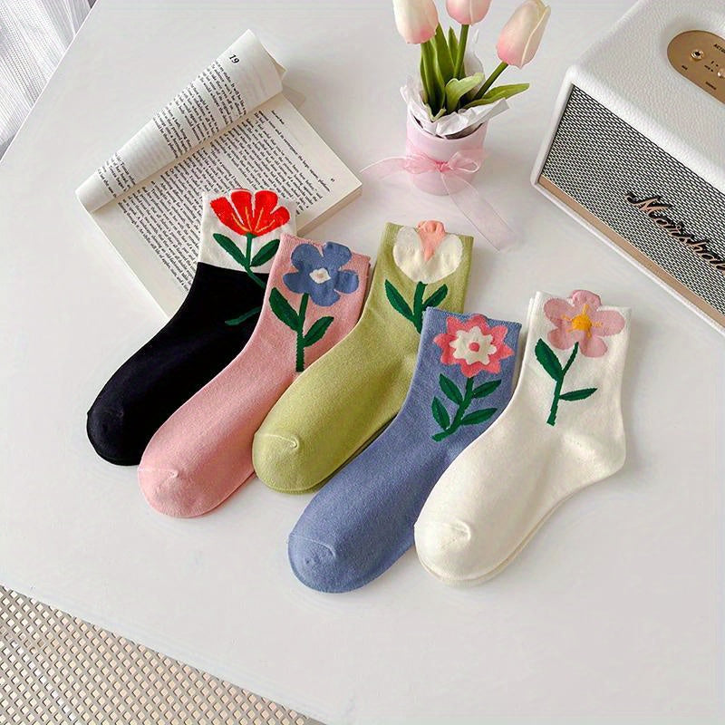 5Pairs Women's Socks Cartoon Flower Print Candy Color Harajuku Kawaii Mid length Socks Breathable Casual Short Socks