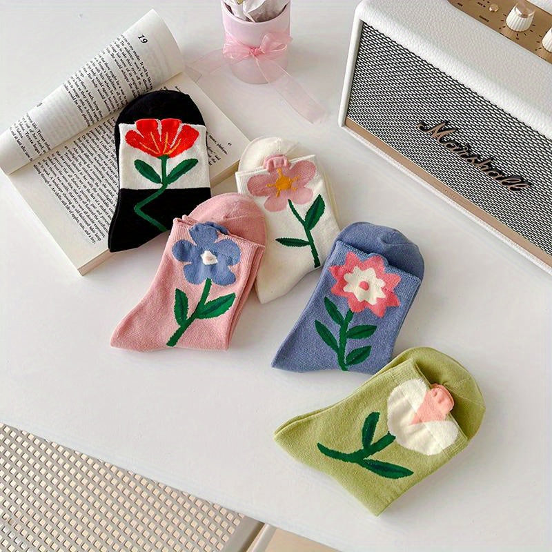 5Pairs Women's Socks Cartoon Flower Print Candy Color Harajuku Kawaii Mid length Socks Breathable Casual Short Socks