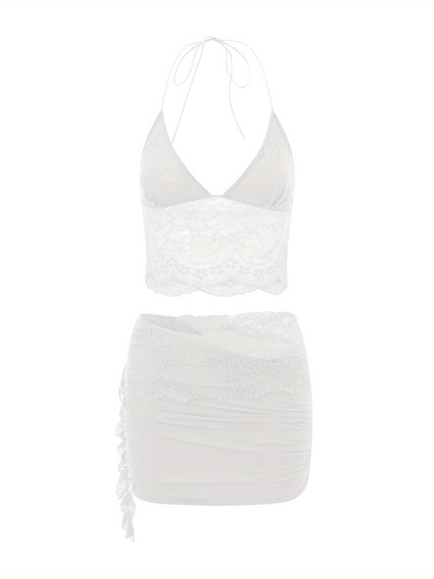 Women'S Summer Skirt 2pcs Suit, Sheer Lace Flower Halter Cami Tops + Asymmetric Ruched Mini Short Skirt Outfits