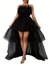 Elegant Strapless High-Low Tulle Dress for Women - Solid Color, Perfect for Cocktail Parties & Proms, Machine Washable