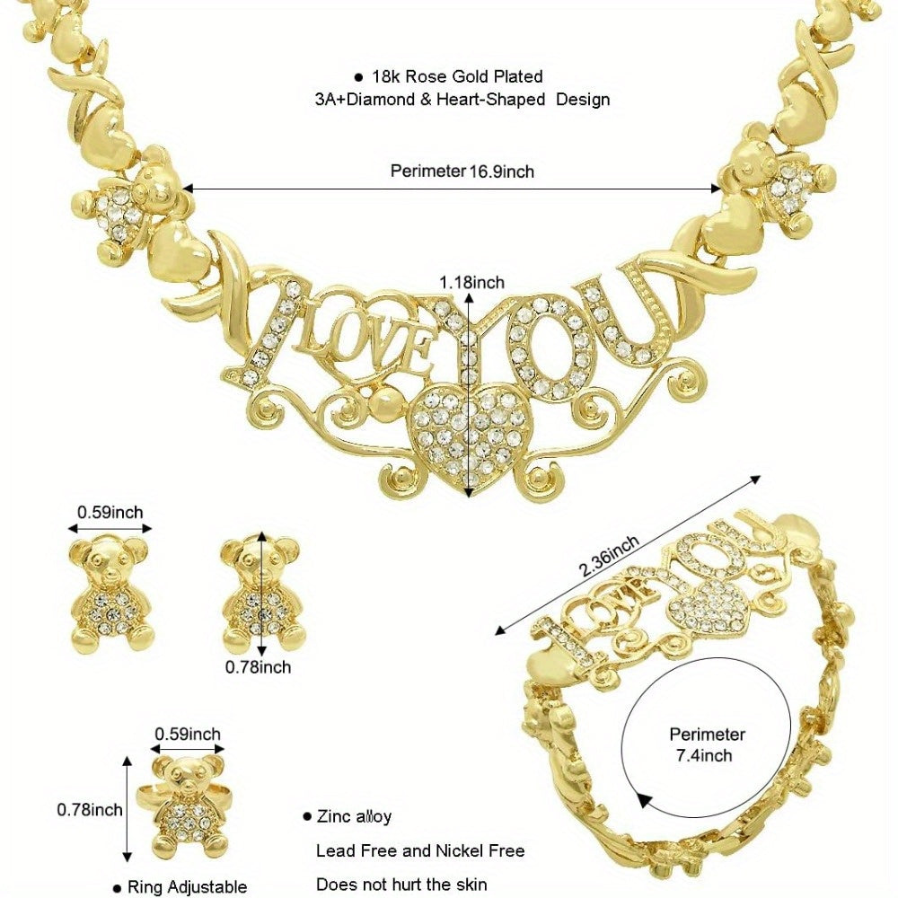 Women Jewelry Necklace Set 18K Gold Plated Bride Bridesmaid Fashion Rhinestone Wedding Jewelry Necklace Earrings Bracelet Ring 4 Pieces Set