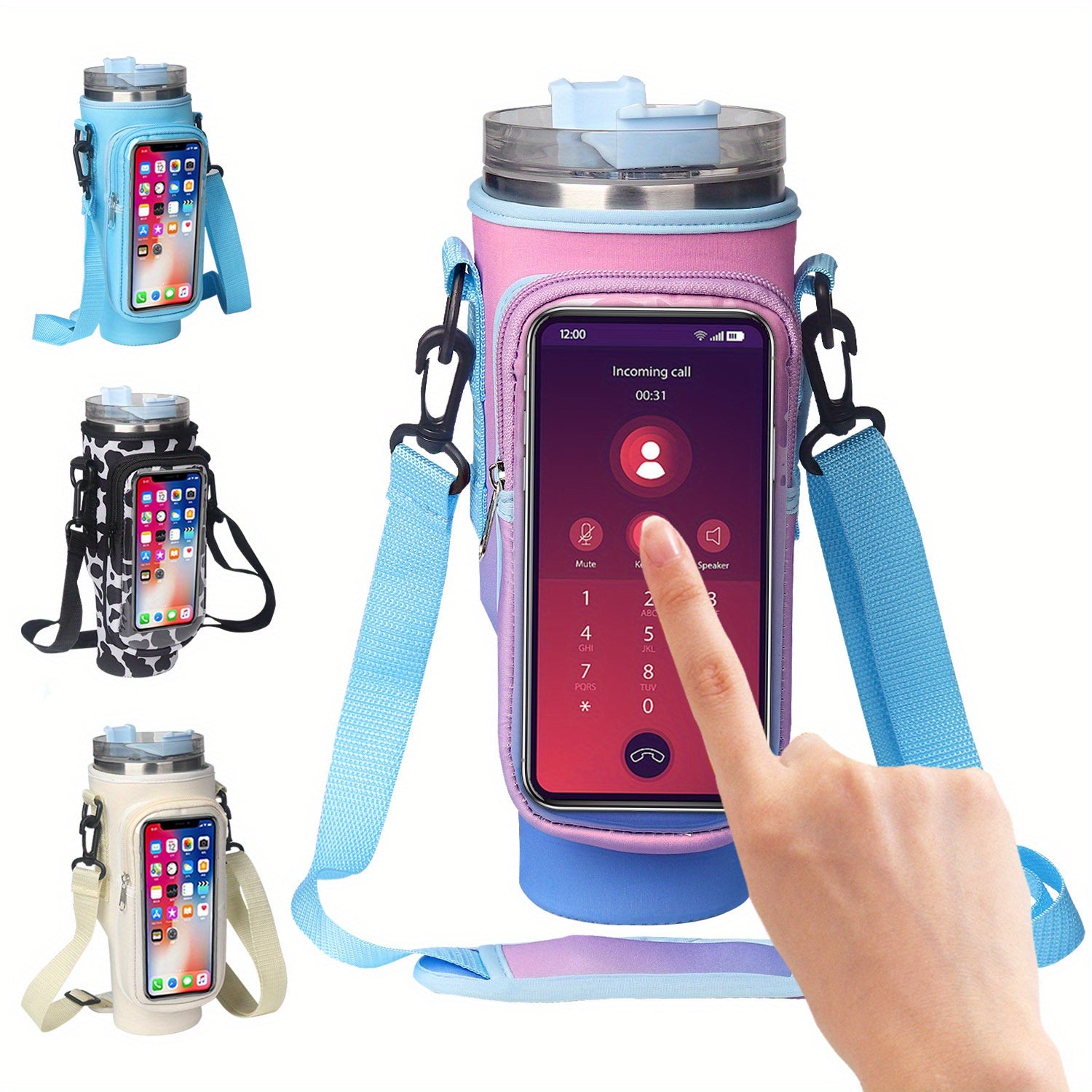 40oz Water Cup Holder Transparent Touch Screen Water Cup Holder With Adjustable Shoulder Strap, Suitable For Travel, Outdoor Sports