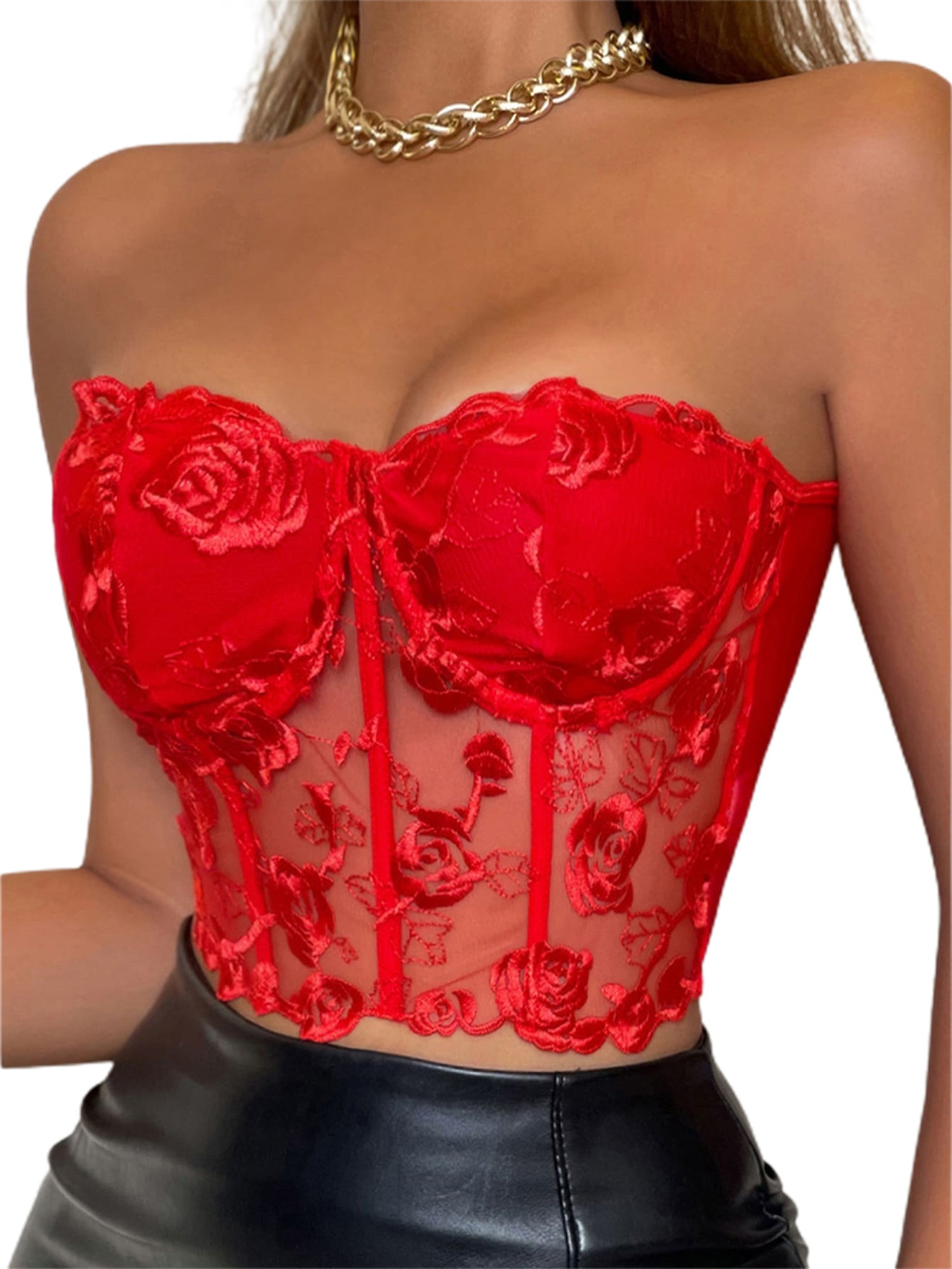 Women's Y2K Floral Bustier Corset Crop Top - Sexy Semi-Sheer Red Party Clubwear with Adjustable Straps, Hand Wash Only for Spring/Summer Night Out, Night Out Apparel | Floral Top | Intricate Embroidery
