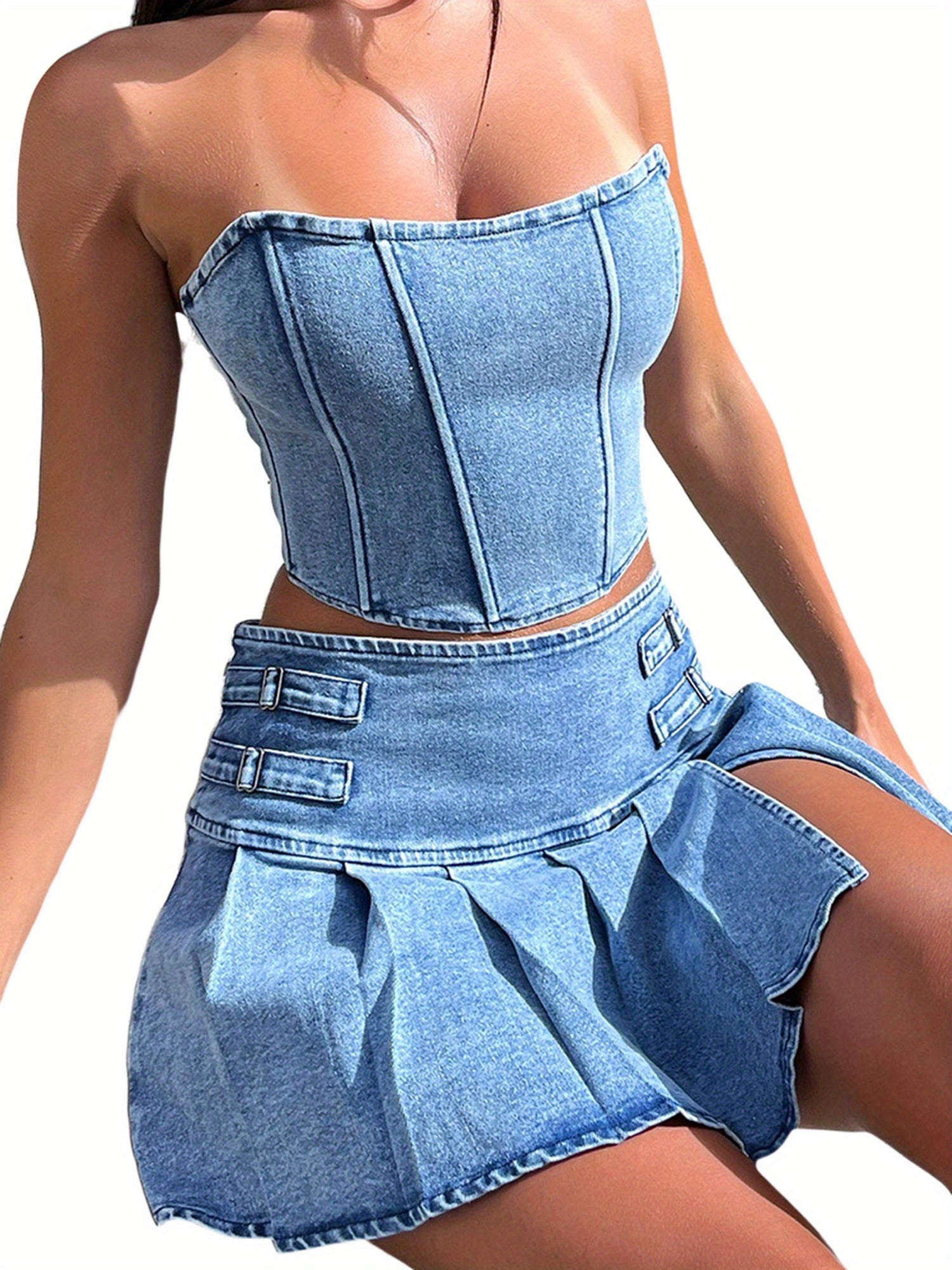 Women'S Summer 2pcs Outfit Sets Sleeveless Off Shoulder Bandeau + Pleated Denim Skirt