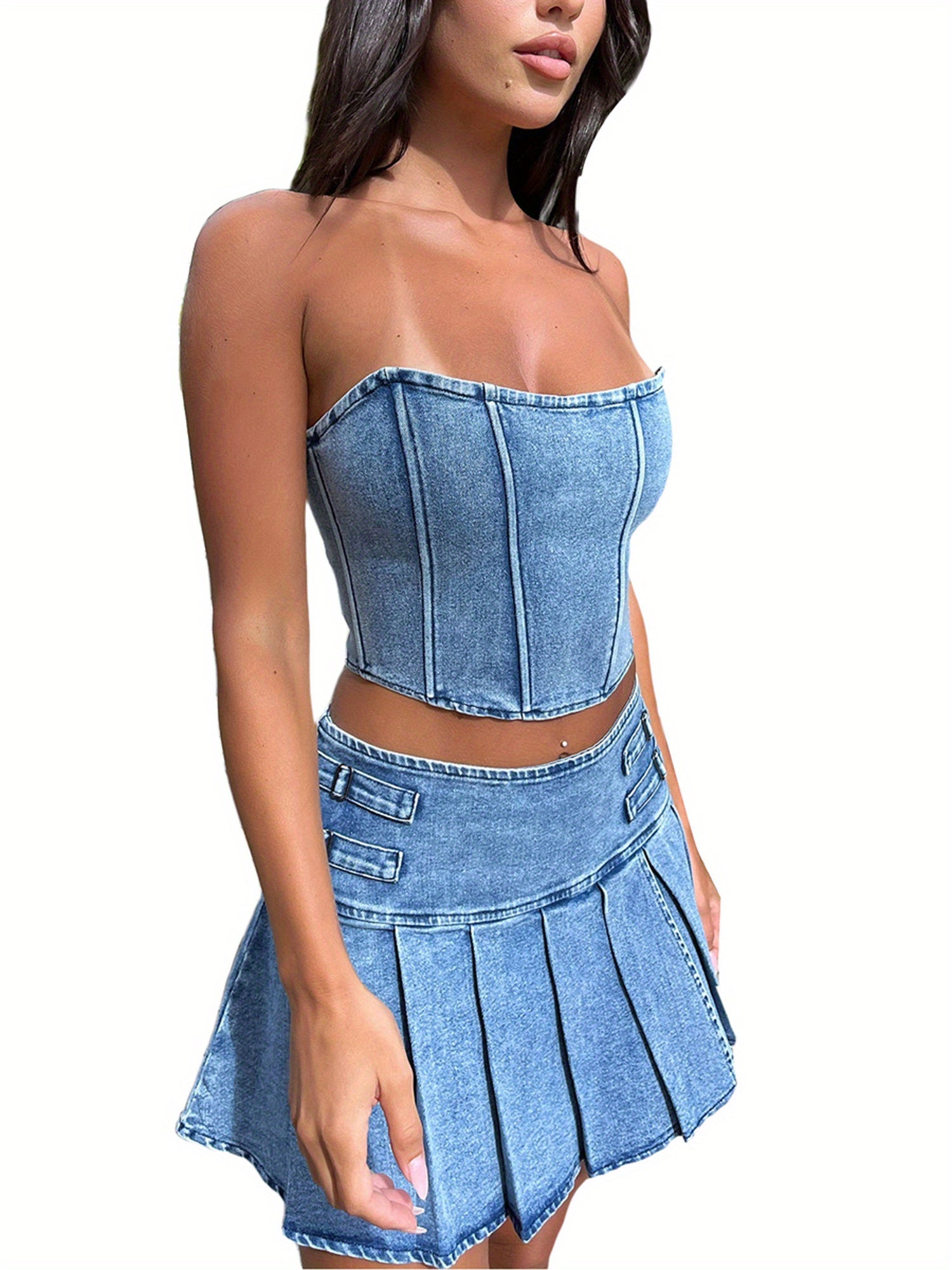Womens Summer 2pcs Outfit Sets Sleeveless Off Shoulder Bandeau + Pleated Denim Skirt