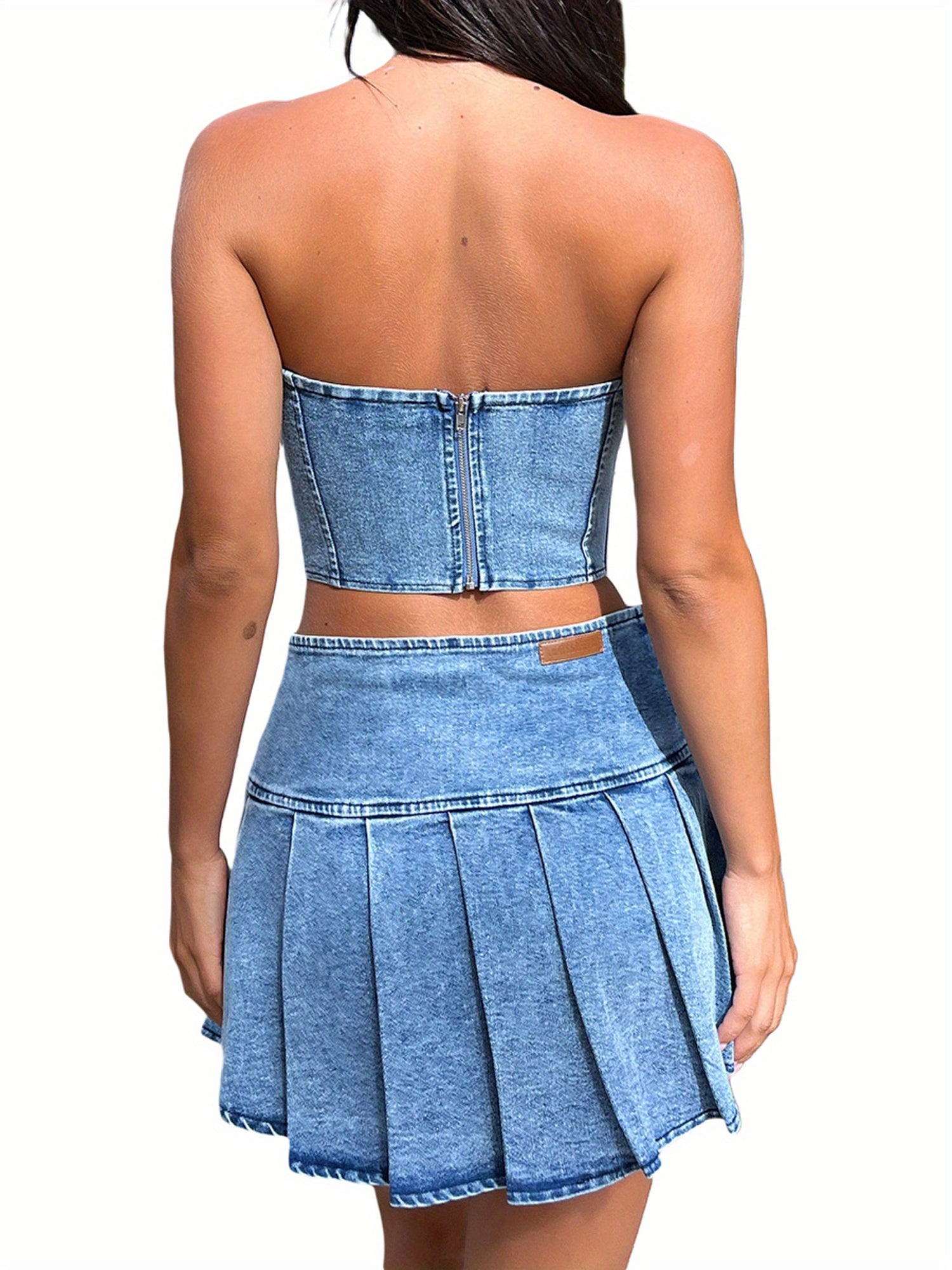 Women'S Summer 2pcs Outfit Sets Sleeveless Off Shoulder Bandeau + Pleated Denim Skirt