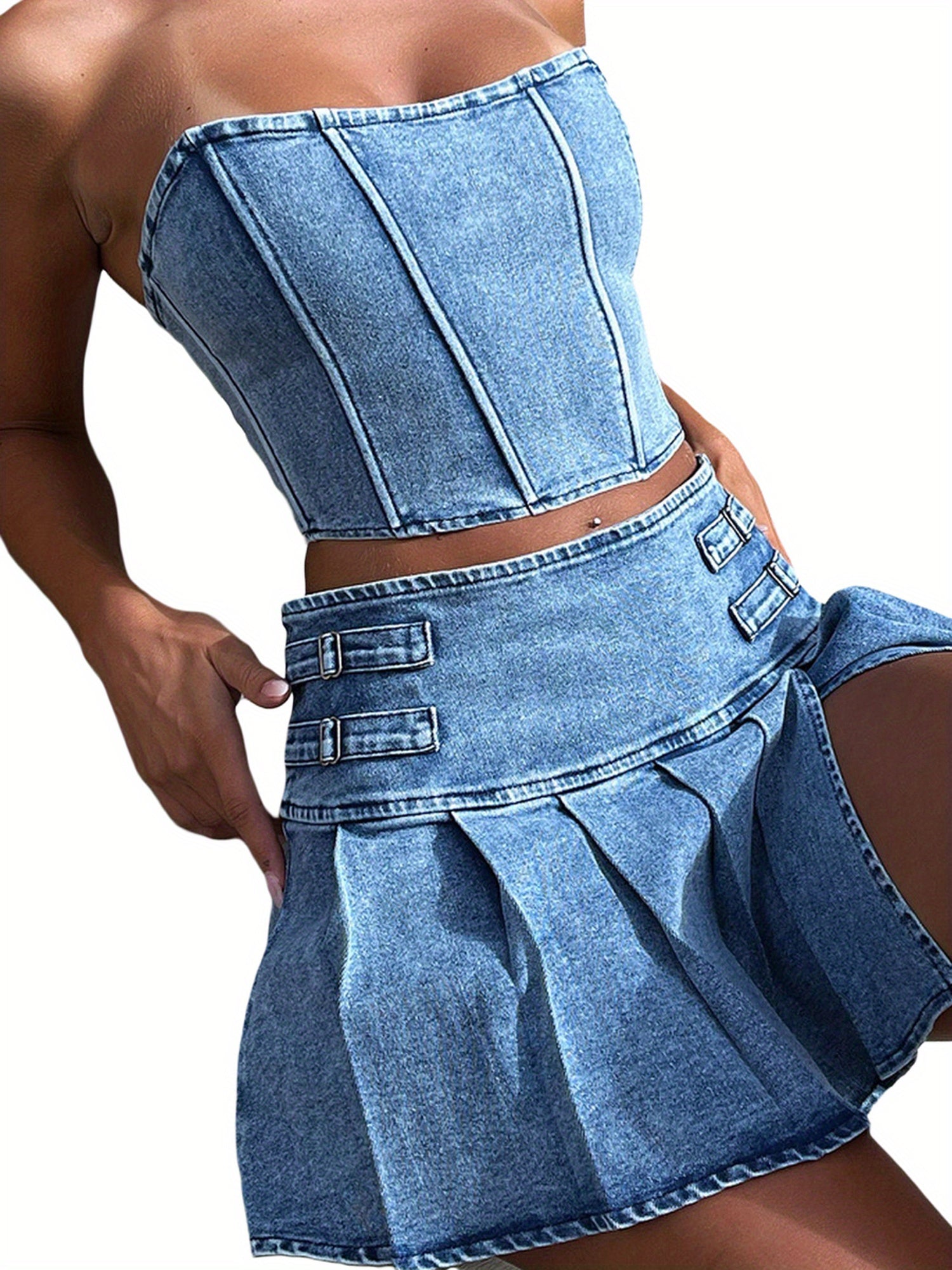 Women'S Summer 2pcs Outfit Sets Sleeveless Off Shoulder Bandeau + Pleated Denim Skirt