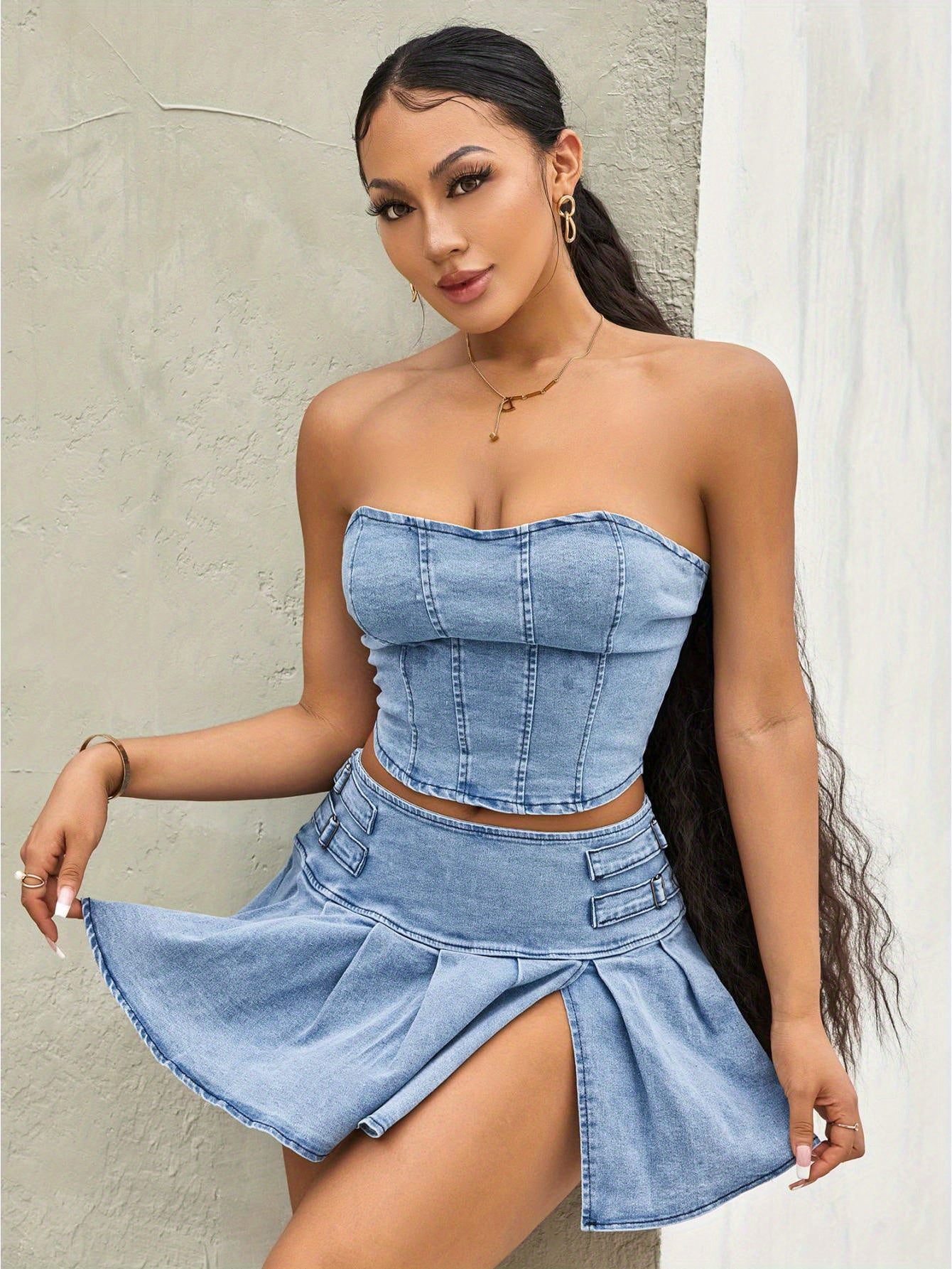 Women'S Summer 2pcs Outfit Sets Sleeveless Off Shoulder Bandeau + Pleated Denim Skirt