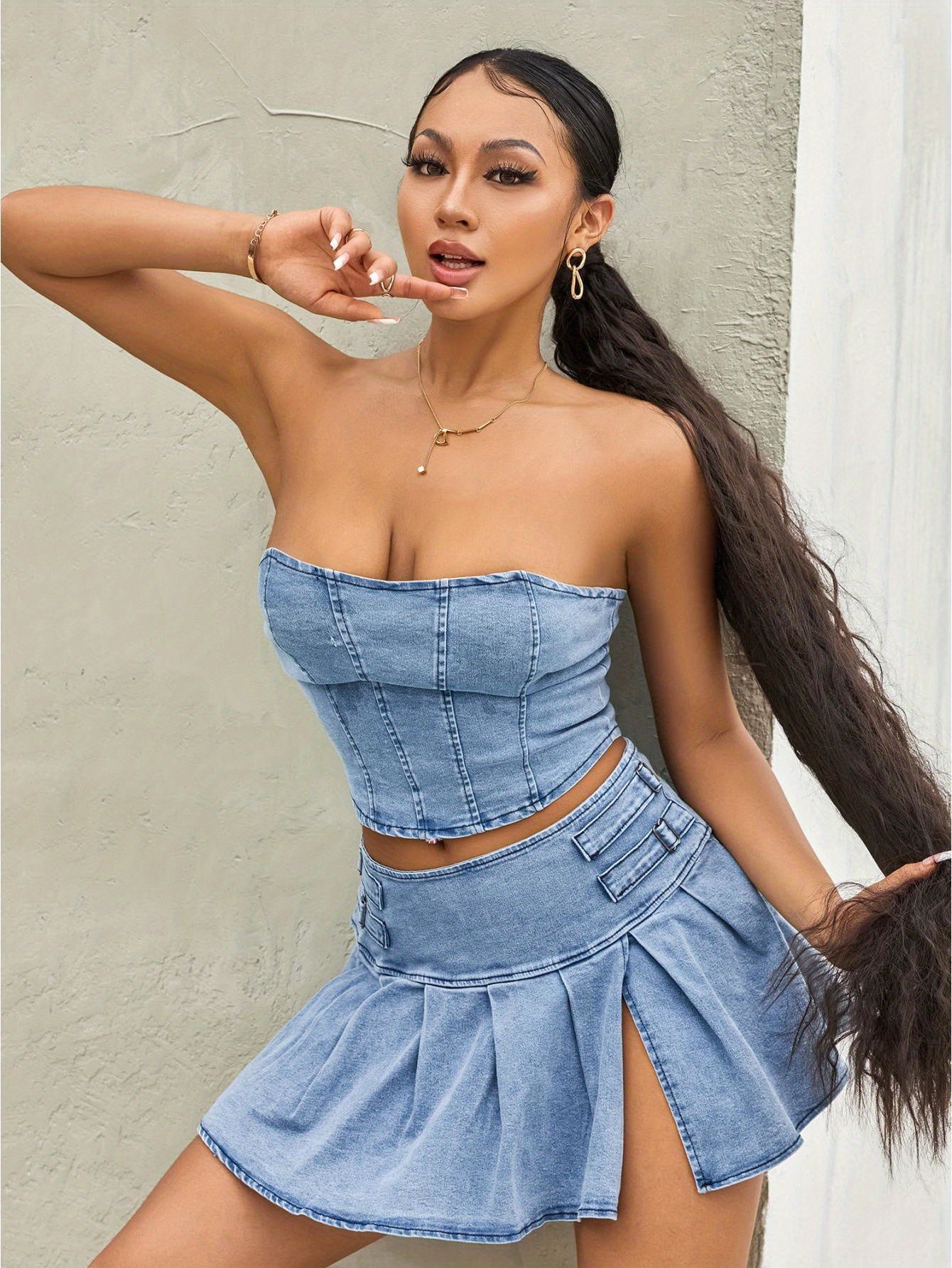 Women'S Summer 2pcs Outfit Sets Sleeveless Off Shoulder Bandeau + Pleated Denim Skirt