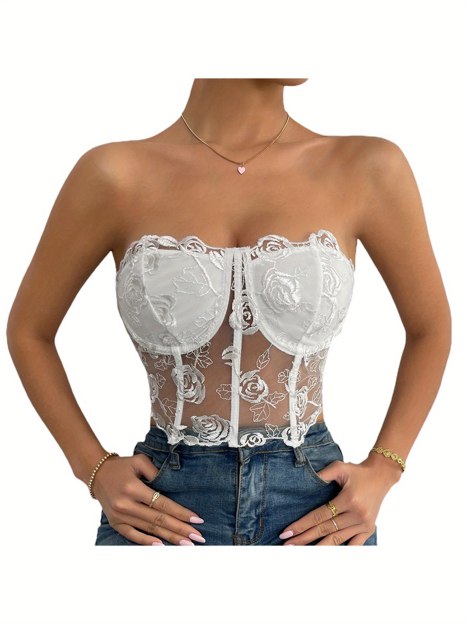 Women'S Bust Tube Tops, Embroidered Flowers Seen Through The Shoulders And Hearts of Everyday Club Parties.