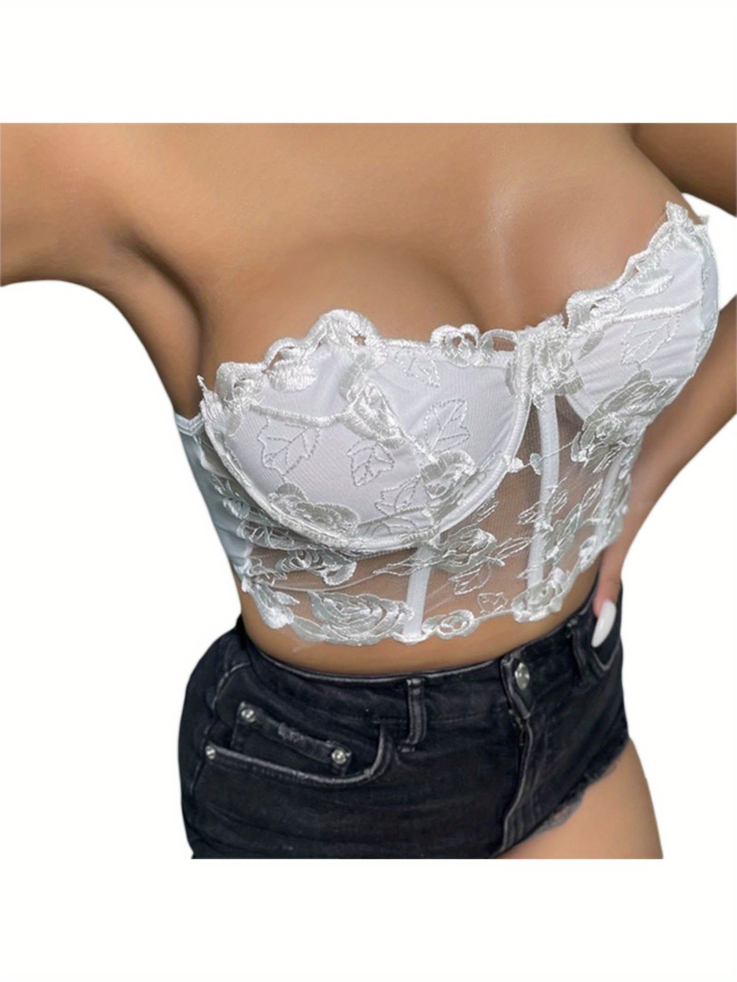 Women's Y2K Floral Bustier Corset Crop Top - Sexy Semi-Sheer Red Party Clubwear with Adjustable Straps, Hand Wash Only for Spring/Summer Night Out, Night Out Apparel | Floral Top | Intricate Embroidery