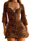 Fashionable Y2k Retro Printed Mini Dress for Women Summer V Neck Flare Sleeve Tie-up Bodycon Split A-line Dress Evening Party Clubwear