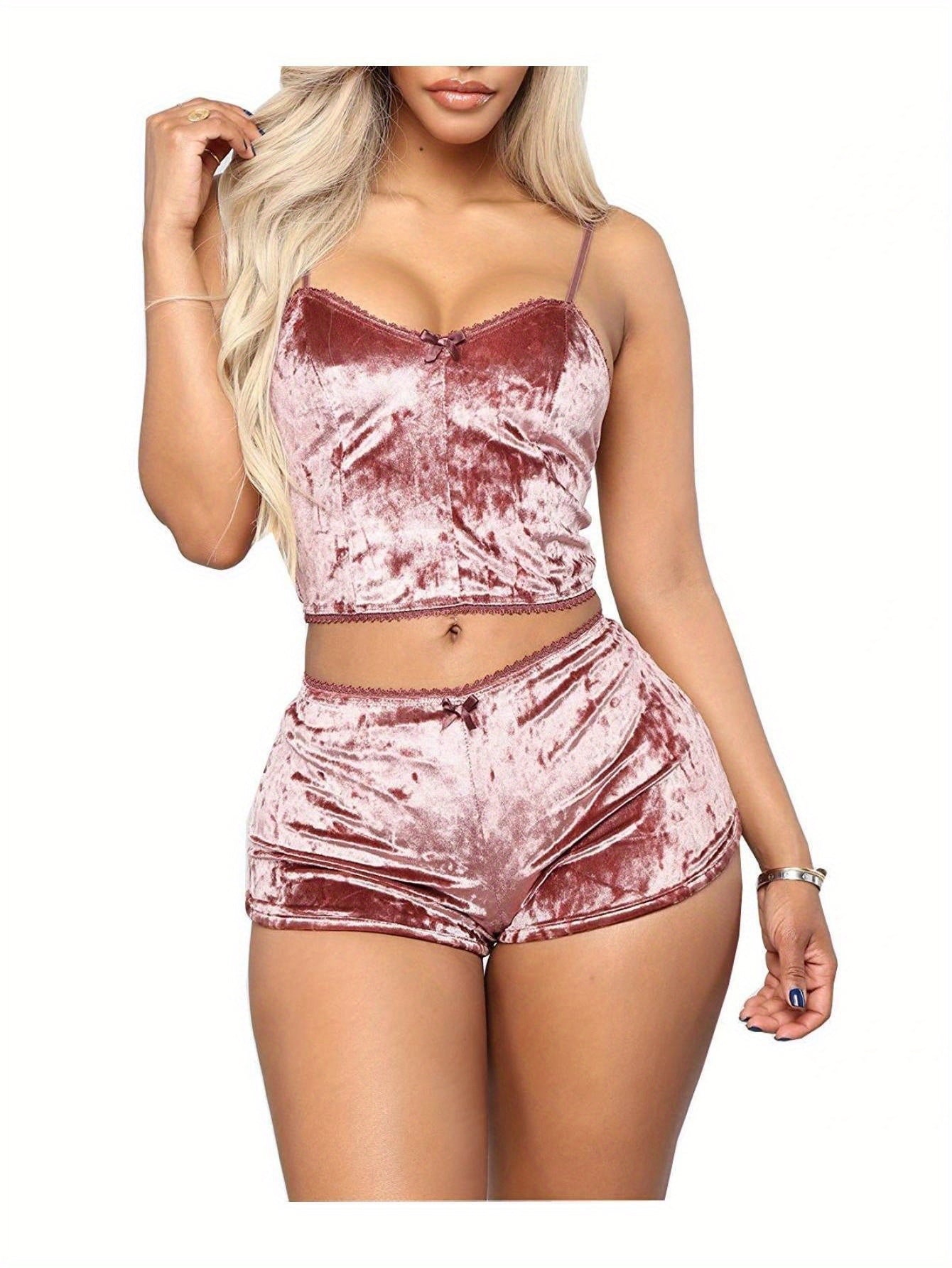 2PCS Women's Pajama Sets, Square Neck Crop Top & Elastic Shorts, Smooth Polyester Fabric, All-Season Sleepwear Set | Micro Elasticity | Machine Washable