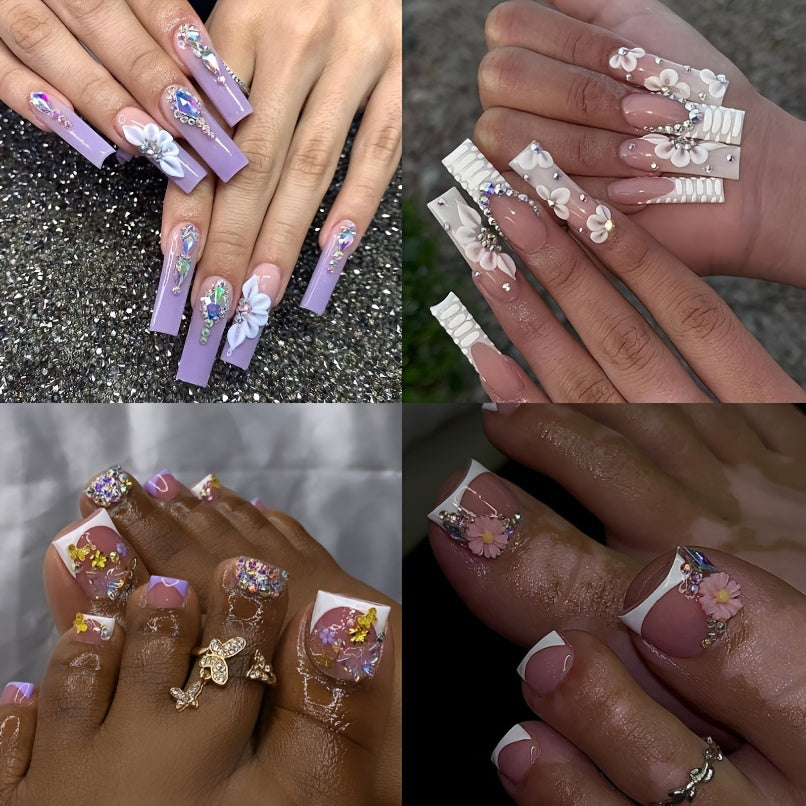 144 Piece Luxe Pink Press-On Nails & Toenails Set - Blue Purple White Glossy Square French Tips With Sparkling Rhinestones, Flower Perfect For Women And Girls