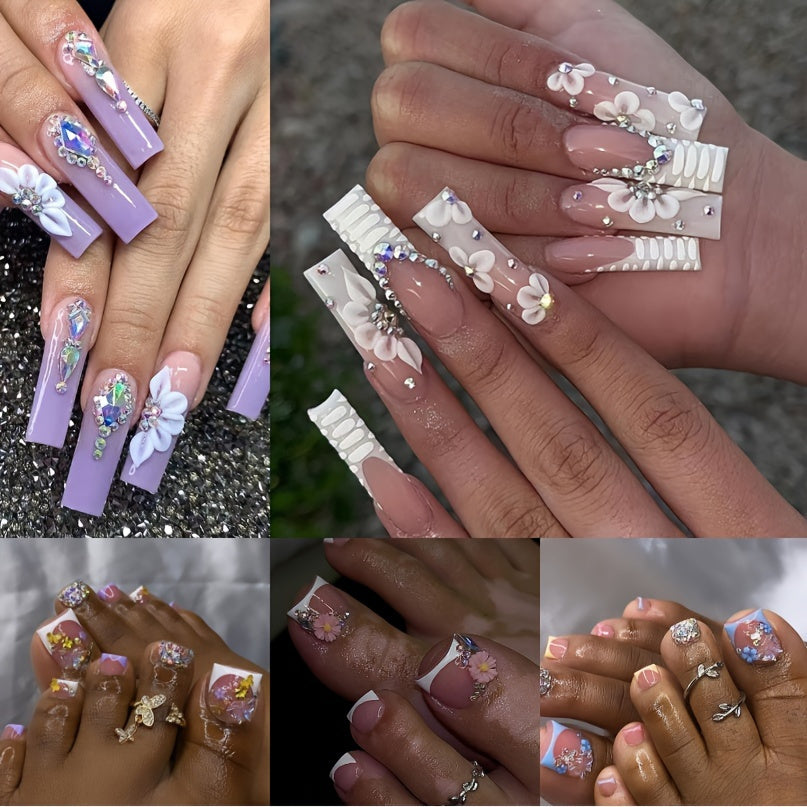 144 Piece Luxe Pink Press-On Nails & Toenails Set - Blue Purple White Glossy Square French Tips With Sparkling Rhinestones, Flower Perfect For Women And Girls