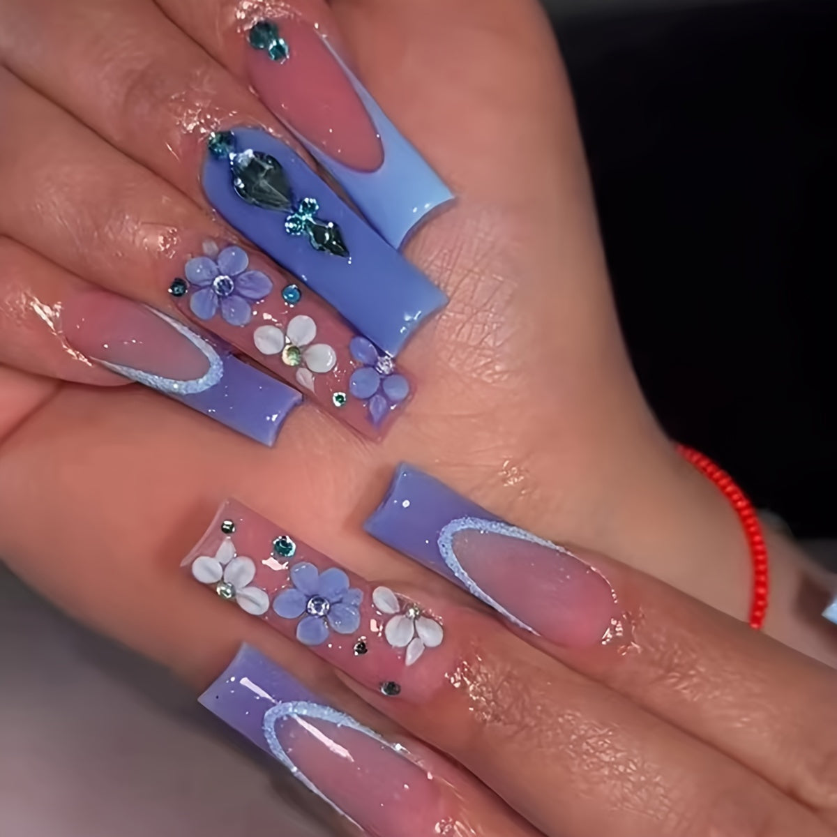 144 Piece Luxe Pink Press-On Nails & Toenails Set - Blue Purple White Glossy Square French Tips With Sparkling Rhinestones, Flower Perfect For Women And Girls