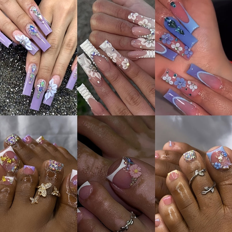 144 Piece Luxe Pink Press-On Nails & Toenails Set - Blue Purple White Glossy Square French Tips With Sparkling Rhinestones, Flower Perfect For Women And Girls