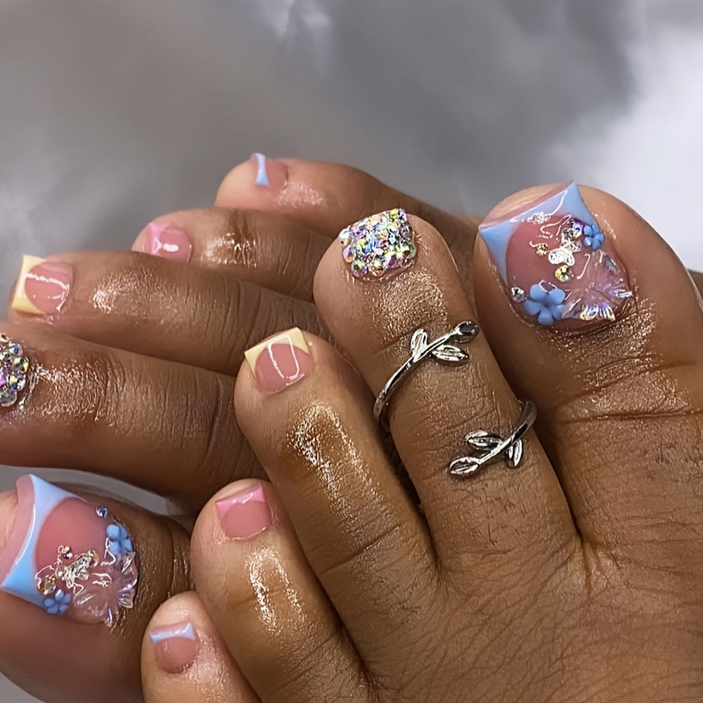 144 Piece Luxe Pink Press-On Nails & Toenails Set - Blue Purple White Glossy Square French Tips With Sparkling Rhinestones, Flower Perfect For Women And Girls