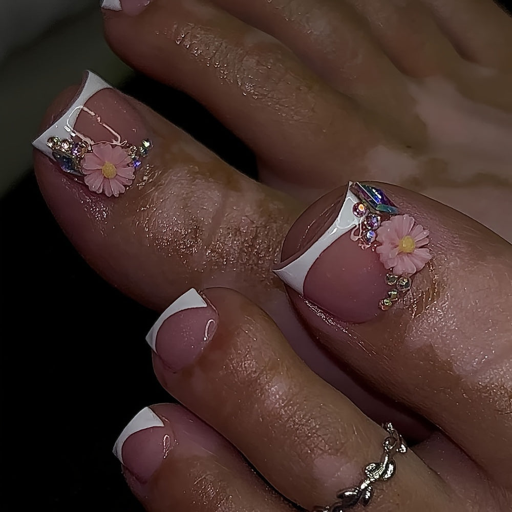 144 Piece Luxe Pink Press-On Nails & Toenails Set - Blue Purple White Glossy Square French Tips With Sparkling Rhinestones, Flower Perfect For Women And Girls