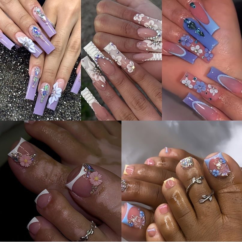 144 Piece Luxe Pink Press-On Nails & Toenails Set - Blue Purple White Glossy Square French Tips With Sparkling Rhinestones, Flower Perfect For Women And Girls