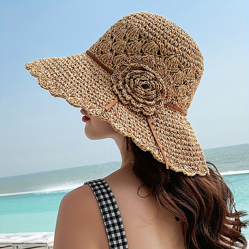 Women's Wide Brim Flower Crochet Straw Bucket Hat - Sun Protection Summer Beach Hat with Floral Pattern, Breathable & Lightweight for Outdoor, Casual, Formal Events, Outdoor Fashion | Decorative Trim