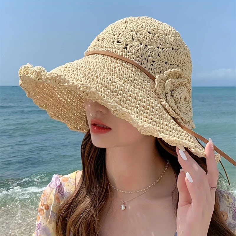 Women's Wide Brim Flower Crochet Straw Bucket Hat - Sun Protection Summer Beach Hat with Floral Pattern, Breathable & Lightweight for Outdoor, Casual, Formal Events, Outdoor Fashion | Decorative Trim