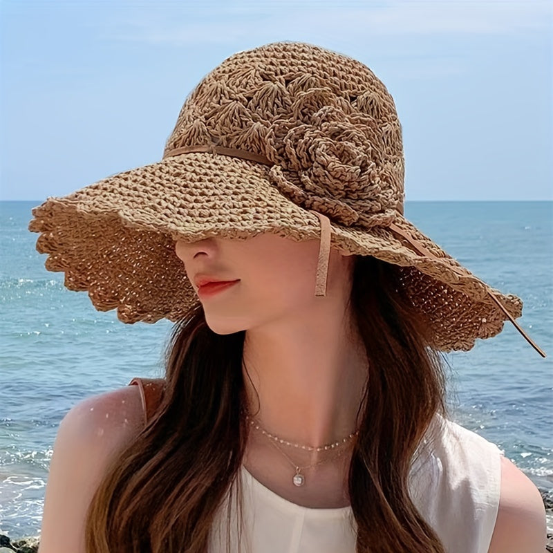 Women's Wide Brim Flower Crochet Straw Bucket Hat - Sun Protection Summer Beach Hat with Floral Pattern, Breathable & Lightweight for Outdoor, Casual, Formal Events, Outdoor Fashion | Decorative Trim