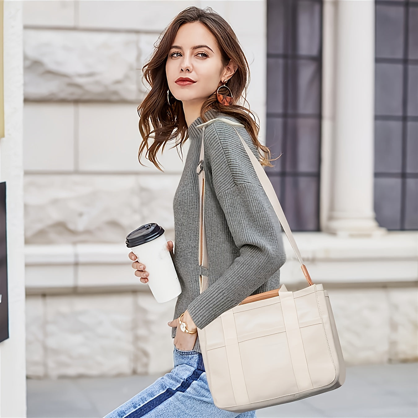 Large Capacity Multi-Pocket Shoulder Bag with Compartments, Multifunctional Tote, Durable Handles, Beige