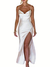 Elegant Women's Satin Bodycon Long Dress with Spaghetti Straps & Cowl Neck, High Split Midi Party Dress - Polyester, Solid Color, Machine Washable, Perfect for Weddings, Proms, and Formal Events, Dresses Elegant Formal