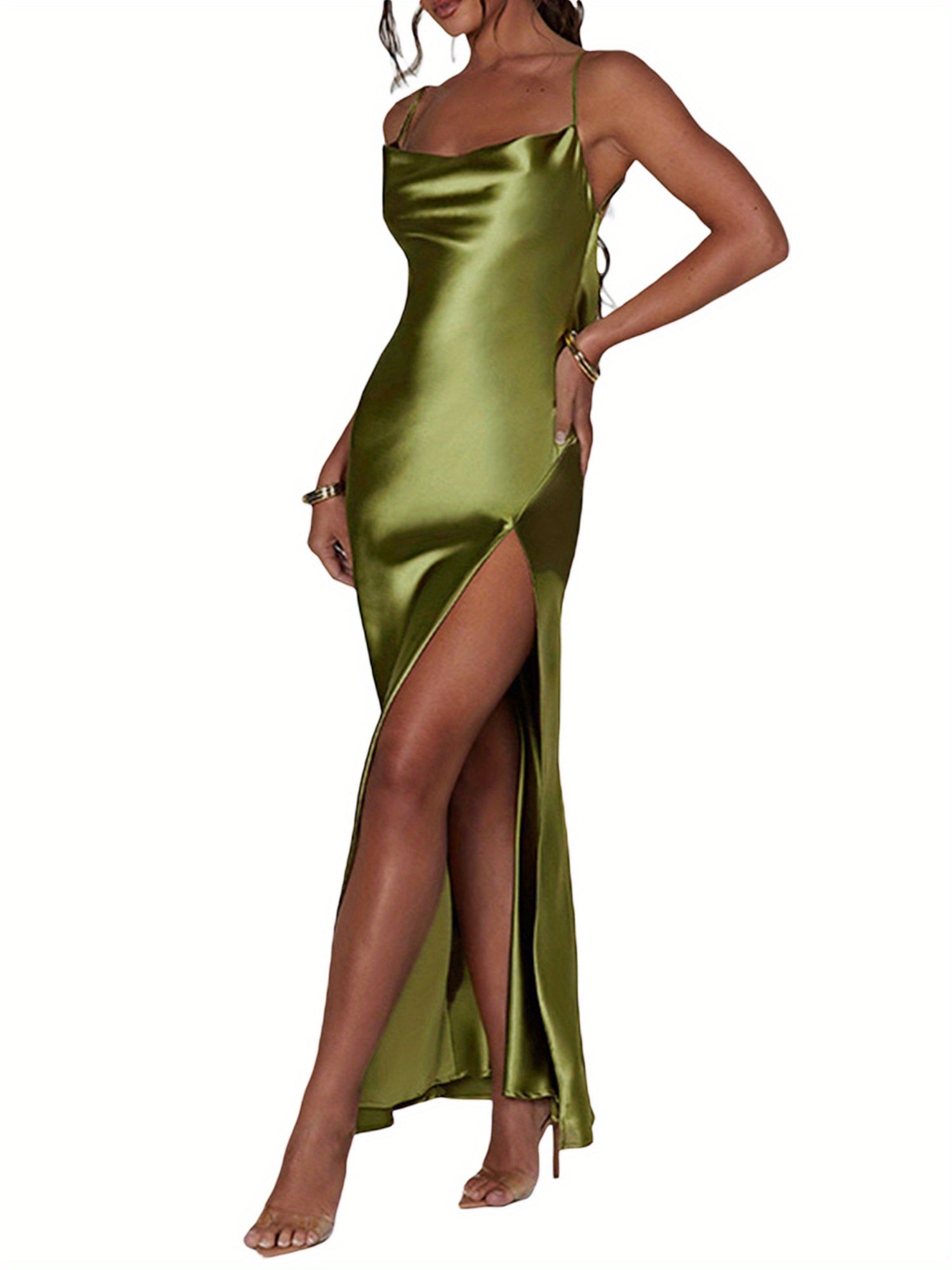 Elegant Women's Satin Bodycon Long Dress with Spaghetti Straps & Cowl Neck, High Split Midi Party Dress - Polyester, Solid Color, Machine Washable, Perfect for Weddings, Proms, and Formal Events, Dresses Elegant Formal