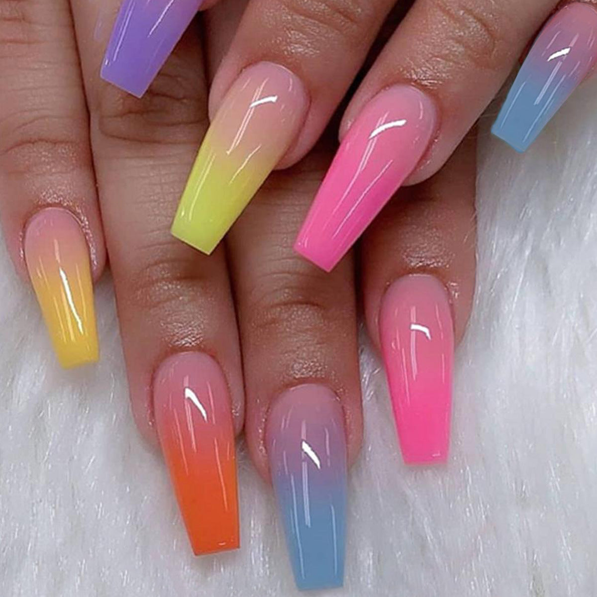 144pcs Rainbow French Ballet Press On Nails (6 PACK) Gradient Coffin False Nails Summer Colorful Super Long Fake Ballet Nail Yellow Pink Purple Nude Reusable Wear