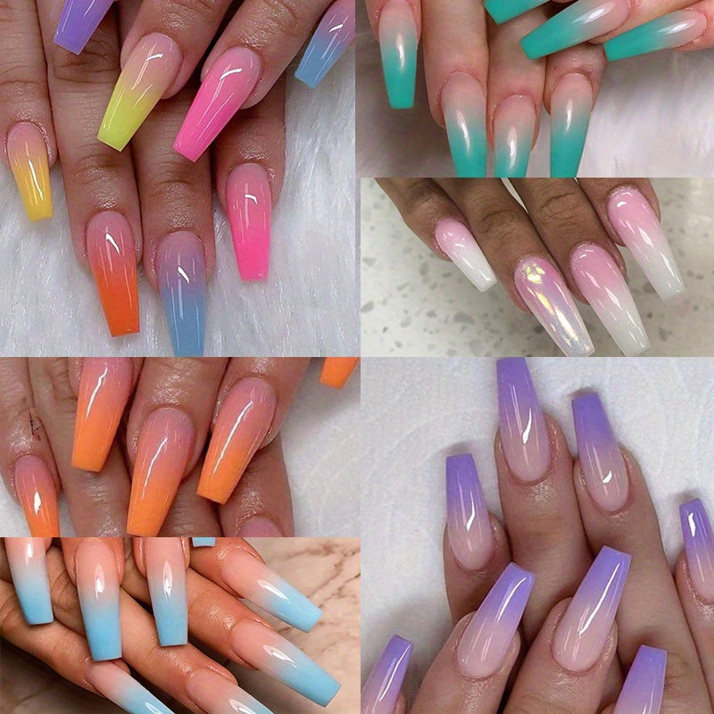 144pcs Rainbow French Ballet Press On Nails (6 PACK) Gradient Coffin False Nails Summer Colorful Super Long Fake Ballet Nail Yellow Pink Purple Nude Reusable Wear
