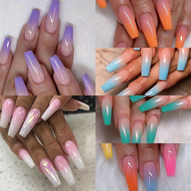 144pcs Rainbow French Ballet Press On Nails (6 PACK) Gradient Coffin False Nails Summer Colorful Super Long Fake Ballet Nail Yellow Pink Purple Nude Reusable Wear