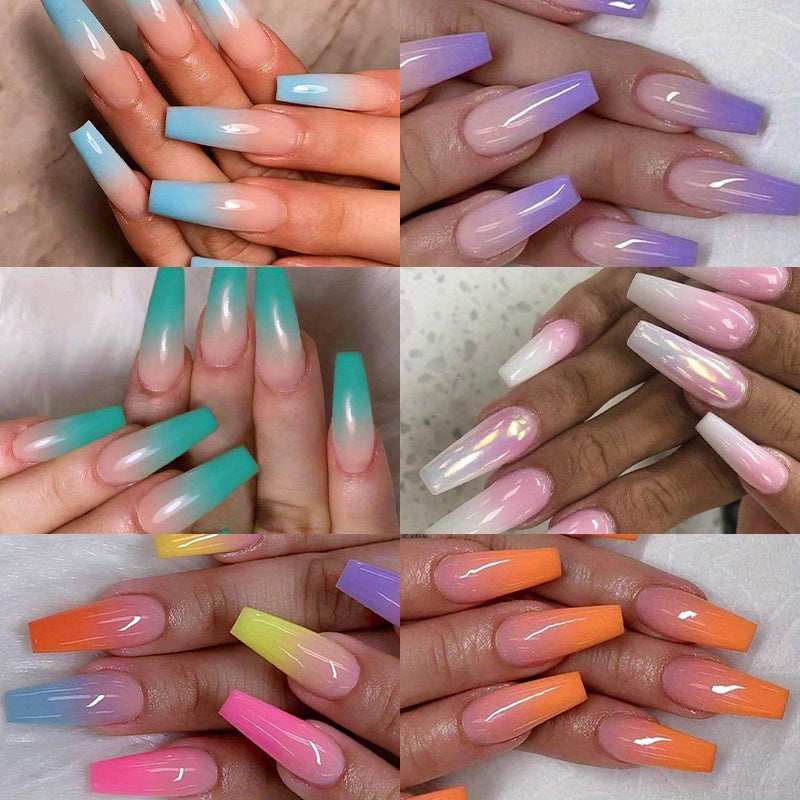 144pcs Rainbow French Ballet Press On Nails (6 PACK) Gradient Coffin False Nails Summer Colorful Super Long Fake Ballet Nail Yellow Pink Purple Nude Reusable Wear