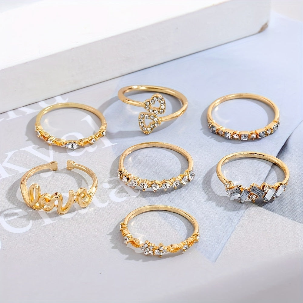 7-Piece Retro Bohemian Crystal Pearl Butterfly Golden Ring Set for Women - Vintage-Inspired Jewelry Collection with Butterfly-Shaped Accents, Pearl Embellishments, and Golden Plating - Perfect for Everyday Wear, Gift-Giving,