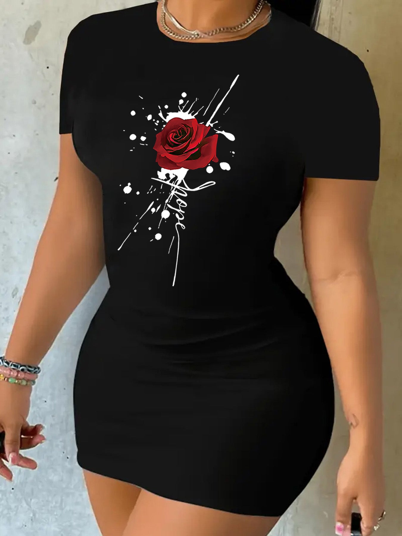 Women's Casual Short Sleeve Round Neck Bodycon Dress - Black with Red Rose & White Splatter Print, Machine Washable Summer Dress for Adults, Casual Attire | Casual Style Dress | Comfortable Fit