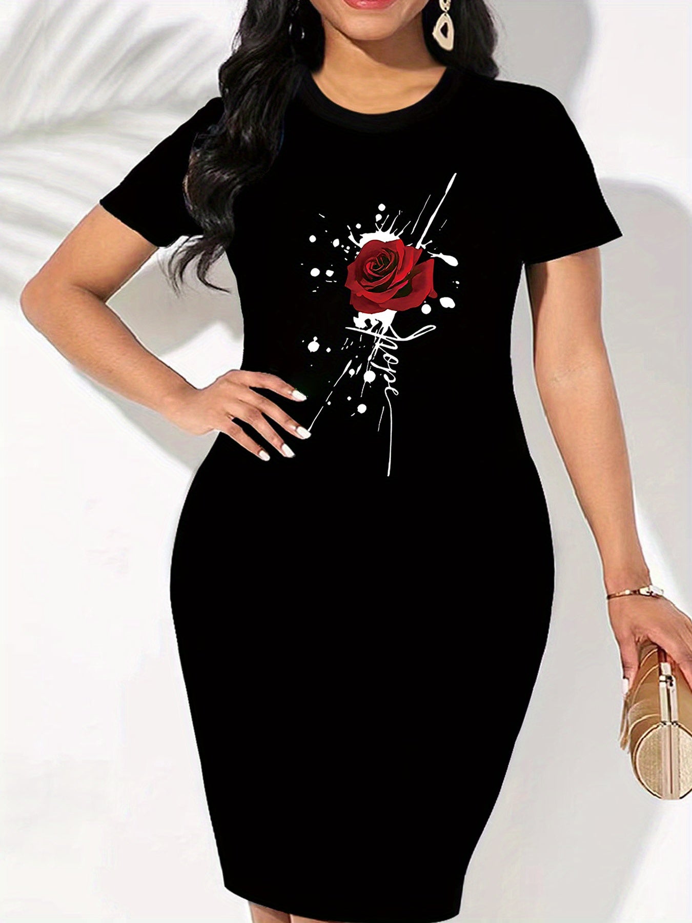 Women's Casual Short Sleeve Round Neck Bodycon Dress - Black with Red Rose & White Splatter Print, Machine Washable Summer Dress for Adults, Casual Attire | Casual Style Dress | Comfortable Fit