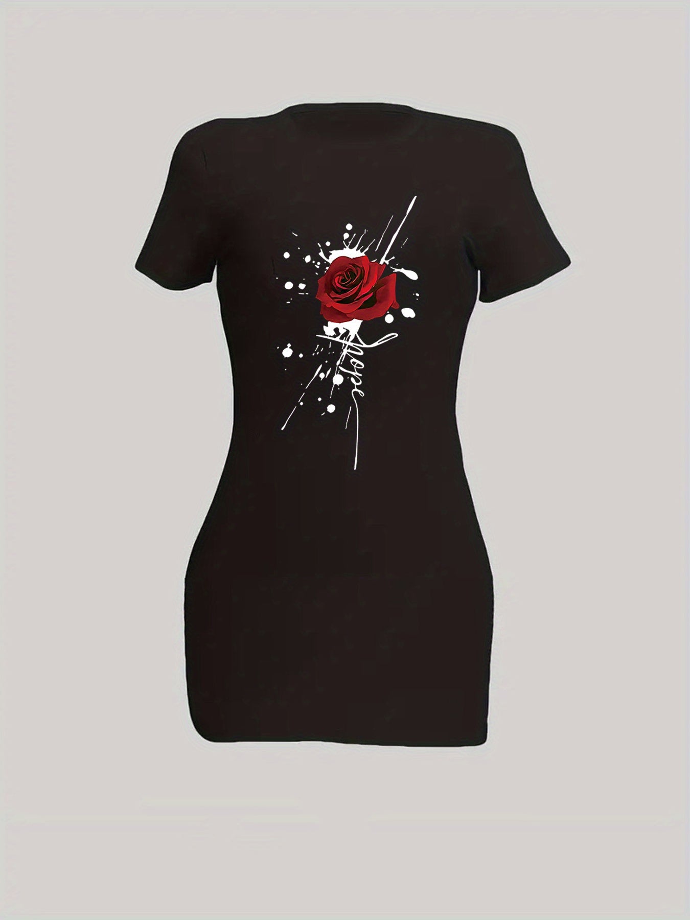 Women's Casual Short Sleeve Round Neck Bodycon Dress - Black with Red Rose & White Splatter Print, Machine Washable Summer Dress for Adults, Casual Attire | Casual Style Dress | Comfortable Fit
