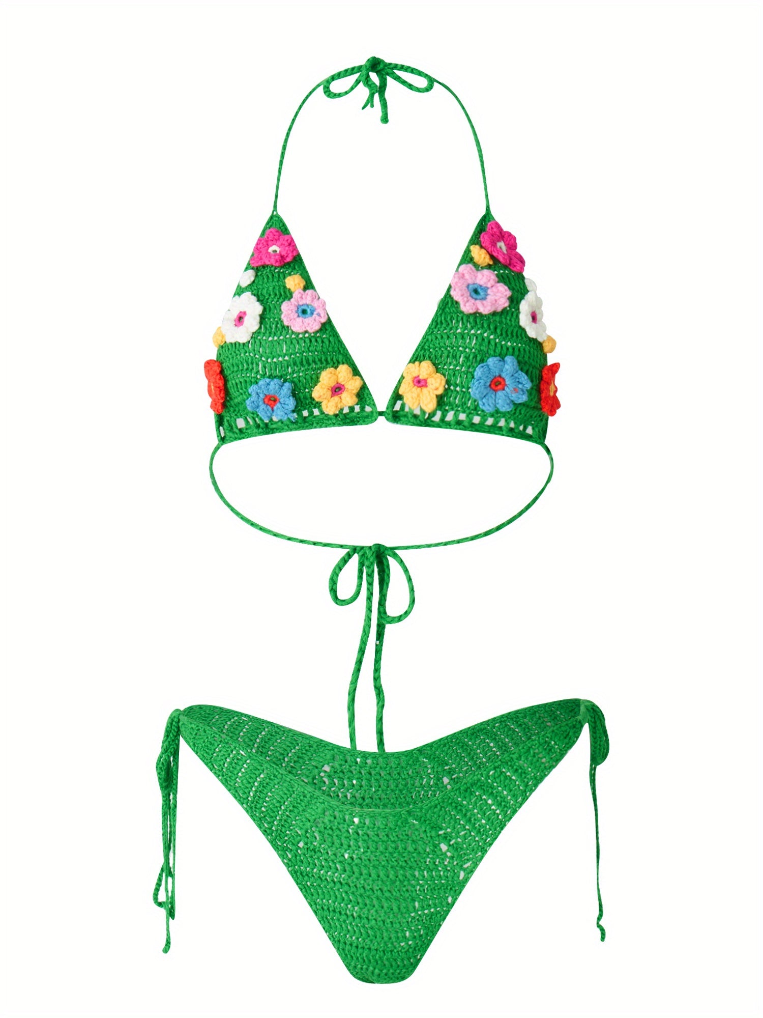 Women Swim Bikini Suit, Sleeveless Hanging Neck Floral Knitting Bra + Bandage Briefs Swimwear Swimsuit