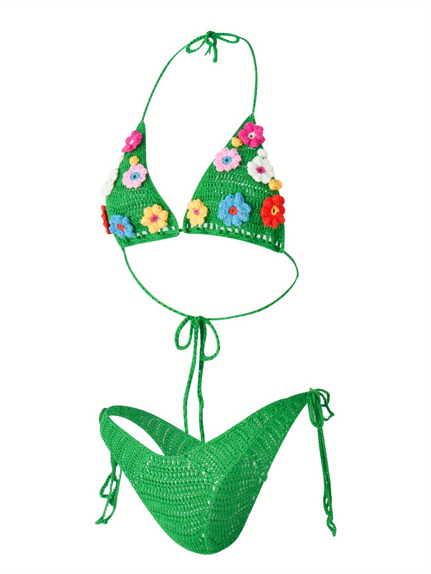 Women Swim Bikini Suit, Sleeveless Hanging Neck Floral Knitting Bra + Bandage Briefs Swimwear Swimsuit
